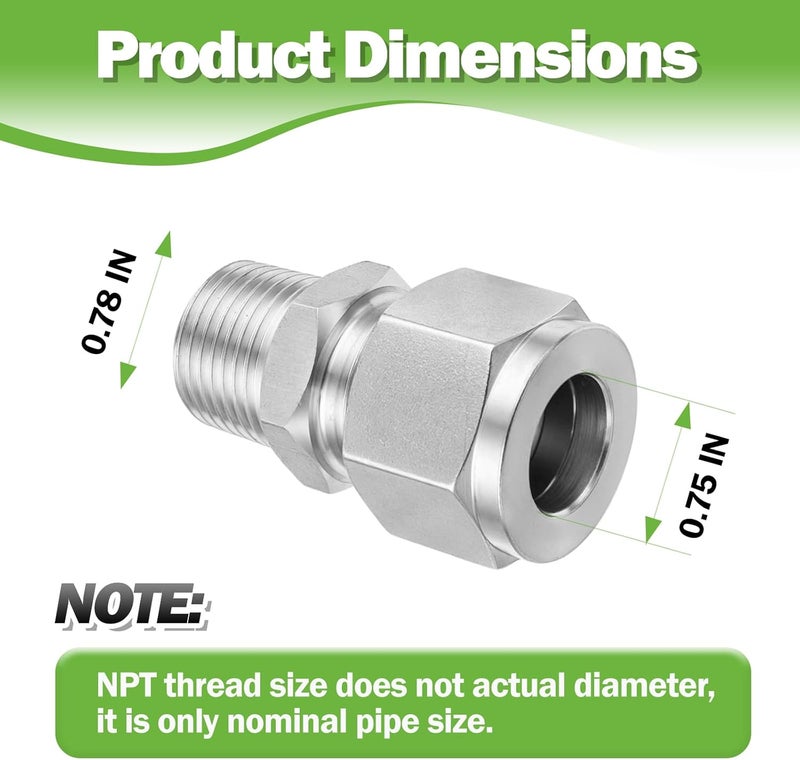 Goldpea Stainless Steel 304 Compression Adapter 3/4" OD x 1/2" NPT Male Tube Fitting, Pack of 2 - Image 4